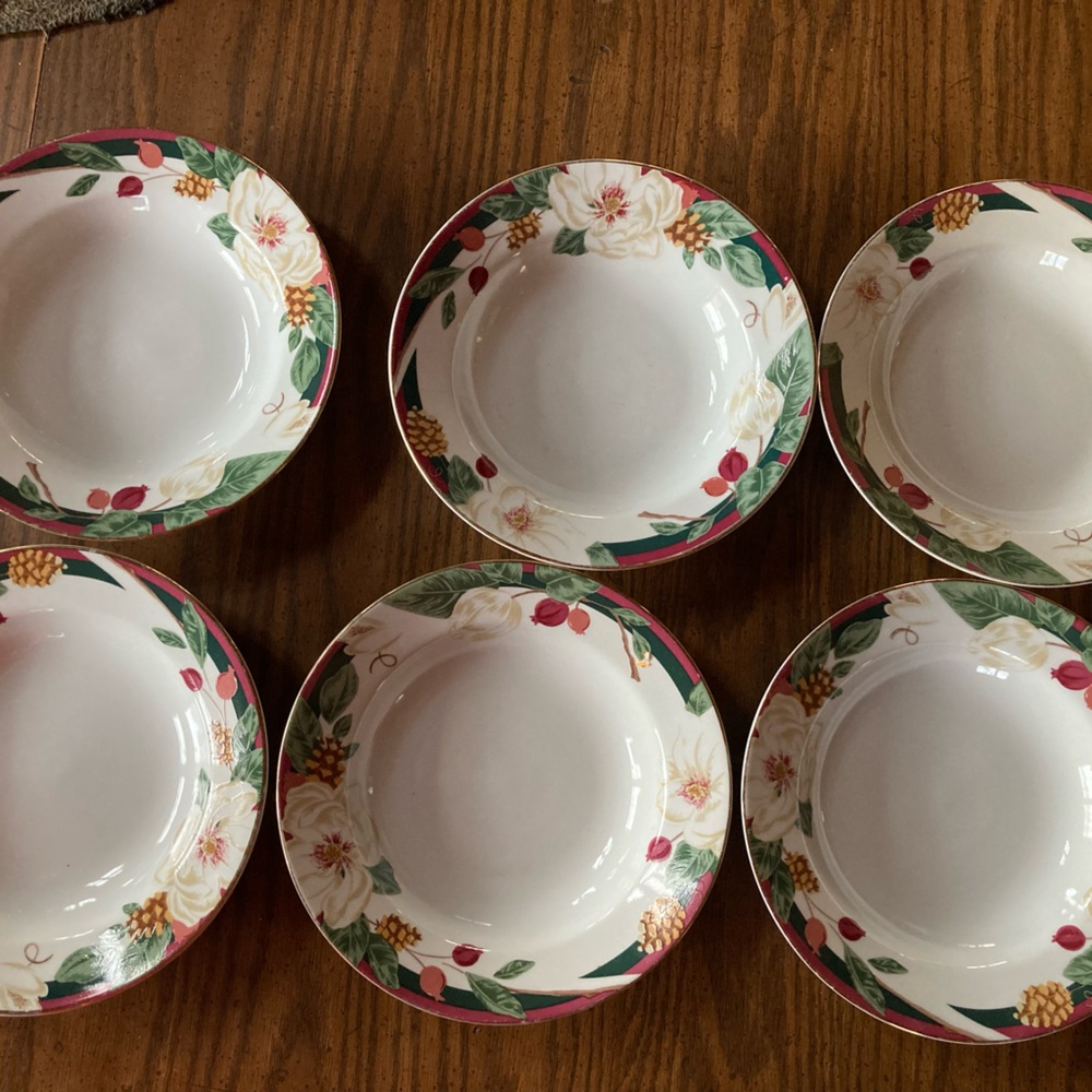 6 tienshan magnolia 8” round soup or salad bowls vtg